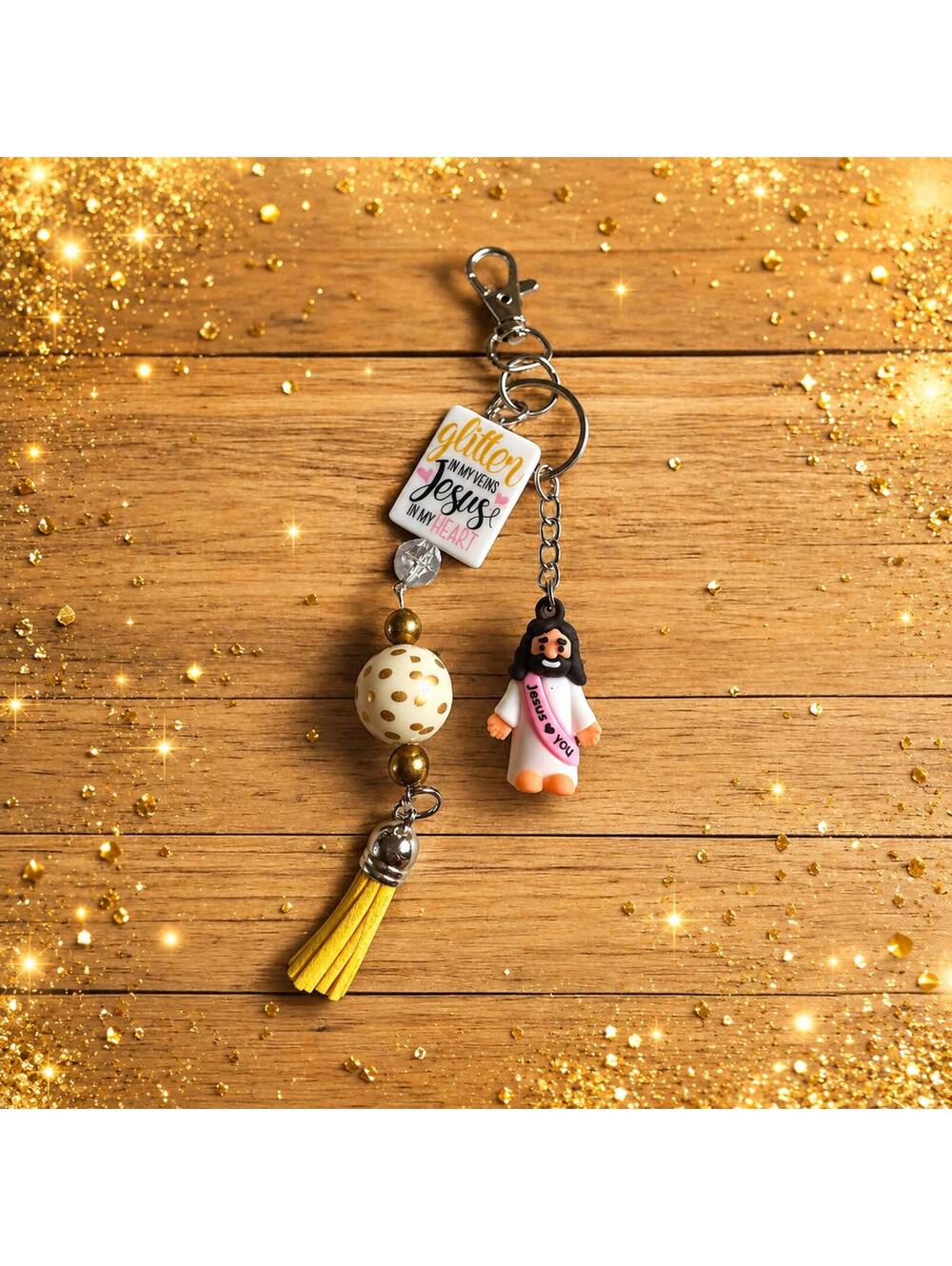 403 New 'Glitter in my veins Jesus in my heart' Keychain Bag Charm R0000403